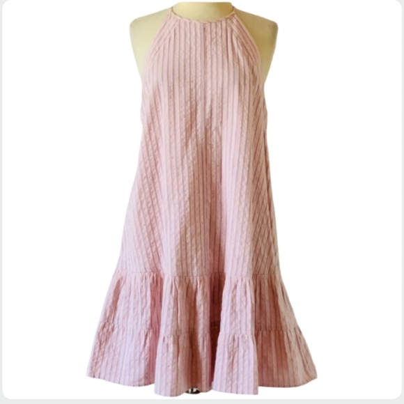 Rebecca Taylor Pink Striped Halter Dress Tiered Ruffle Hem Size 8 - Picture 7 of 12